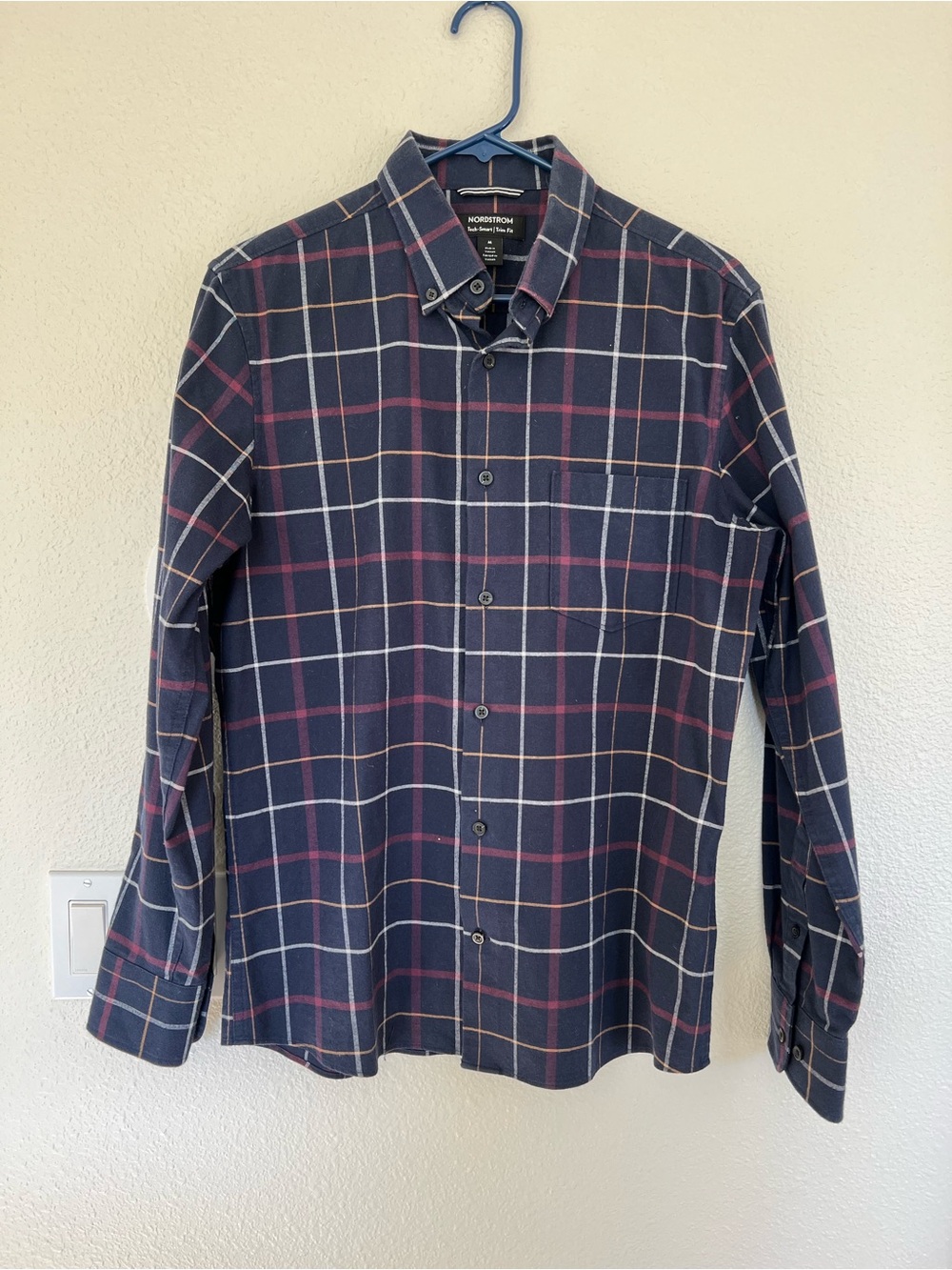Nordstrom Men’s Navy Plaid Button-Down Shirt with Red and Cream Lines